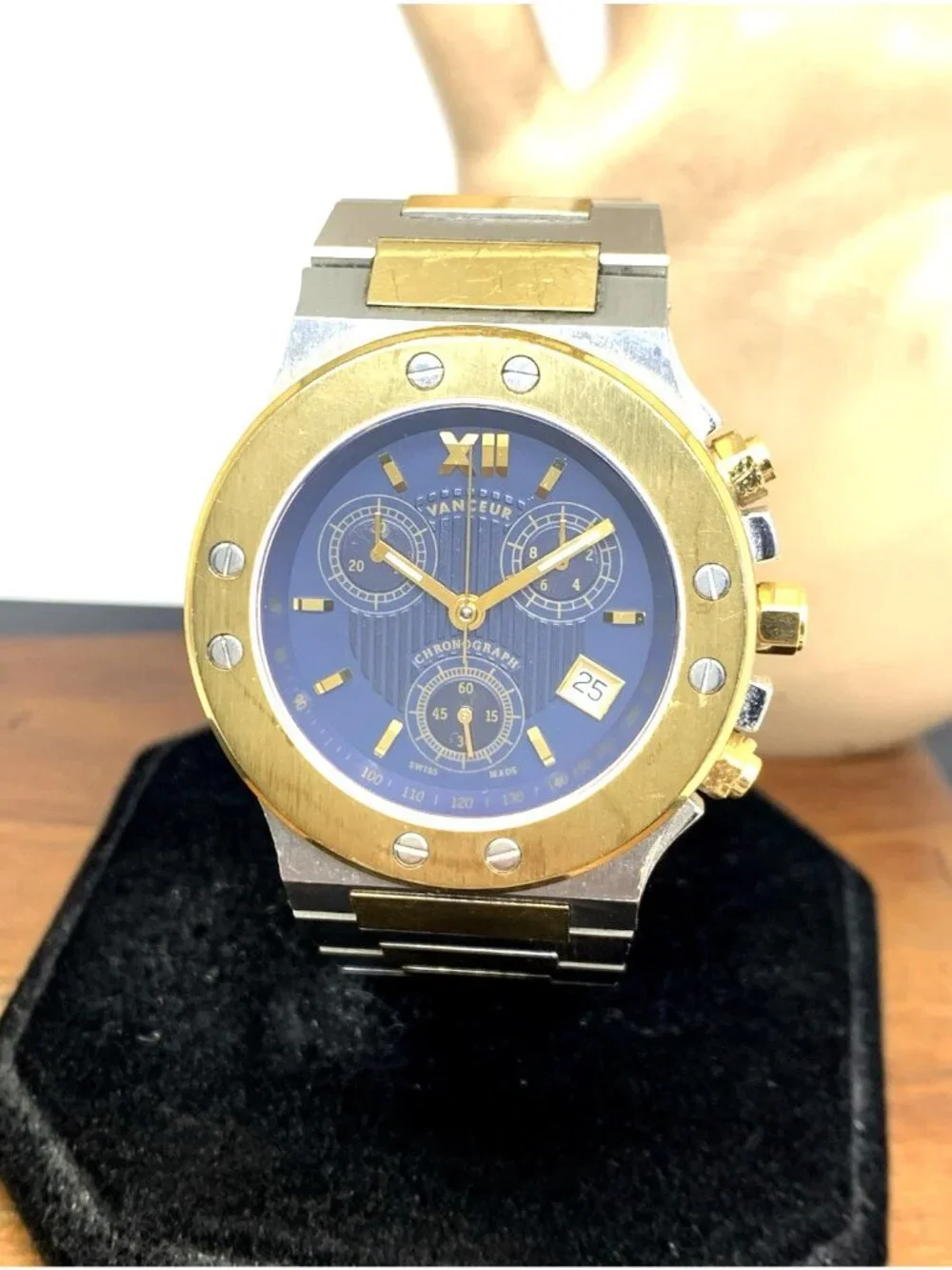 Vanceur Men's Watch Royal Castle Swiss Quartz Chronograph Blue Dial 2-Tone Steel